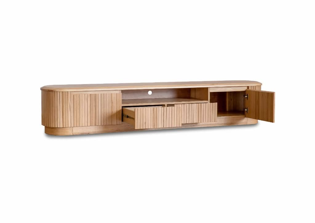 Natural ash-colored 2-door, 2-drawer TV unit by MyChocolateWood, 240cm, showcasing sleek modern design and wood finish.