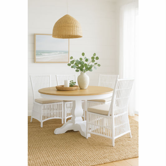 BECKETT HAMPTON STYLE SOLID MAHOGANY ROUND TRESTLE DINING TABLE IN ANTIQUE FRENCH OAK 152CM - MyChocolateWood