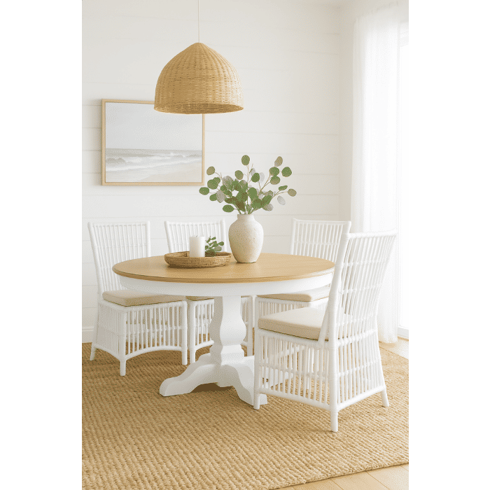 BECKETT HAMPTON STYLE SOLID MAHOGANY ROUND TRESTLE DINING TABLE IN ANTIQUE FRENCH OAK 152CM - MyChocolateWood