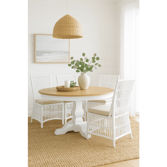 BECKETT HAMPTON STYLE SOLID MAHOGANY ROUND TRESTLE DINING TABLE IN ANTIQUE FRENCH OAK 152CM - MyChocolateWood