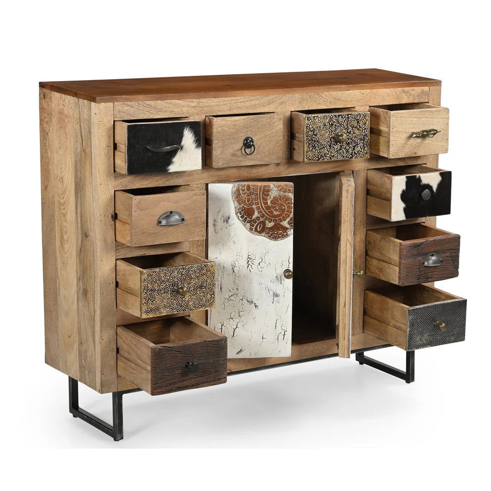 COWHIDE & MANGO HARDWOOD CHEST OF 10 DRAWERS 2 DOORS BOHO PATCHWORK  BEACHSIDE HAMPTONS - MyChocolateWood