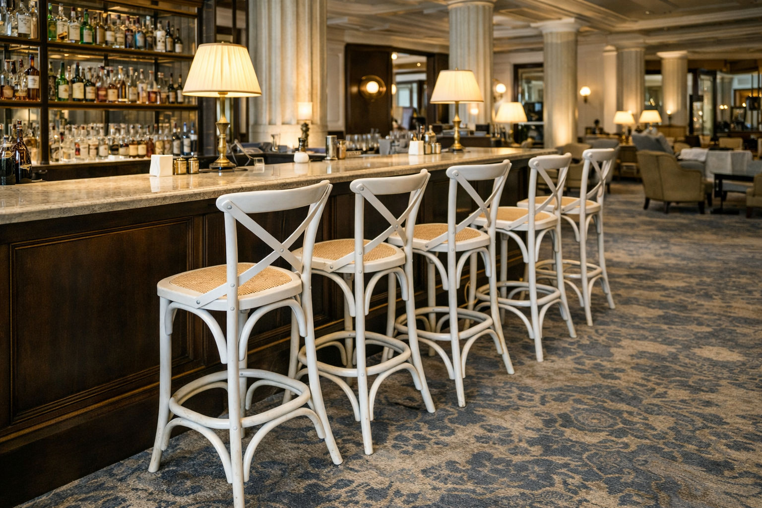 EMERSON WHITE CROSS BACK BAR STOOL WITH RATTAN SEAT - 65CM SEAT HEIGHT - MyChocolateWood