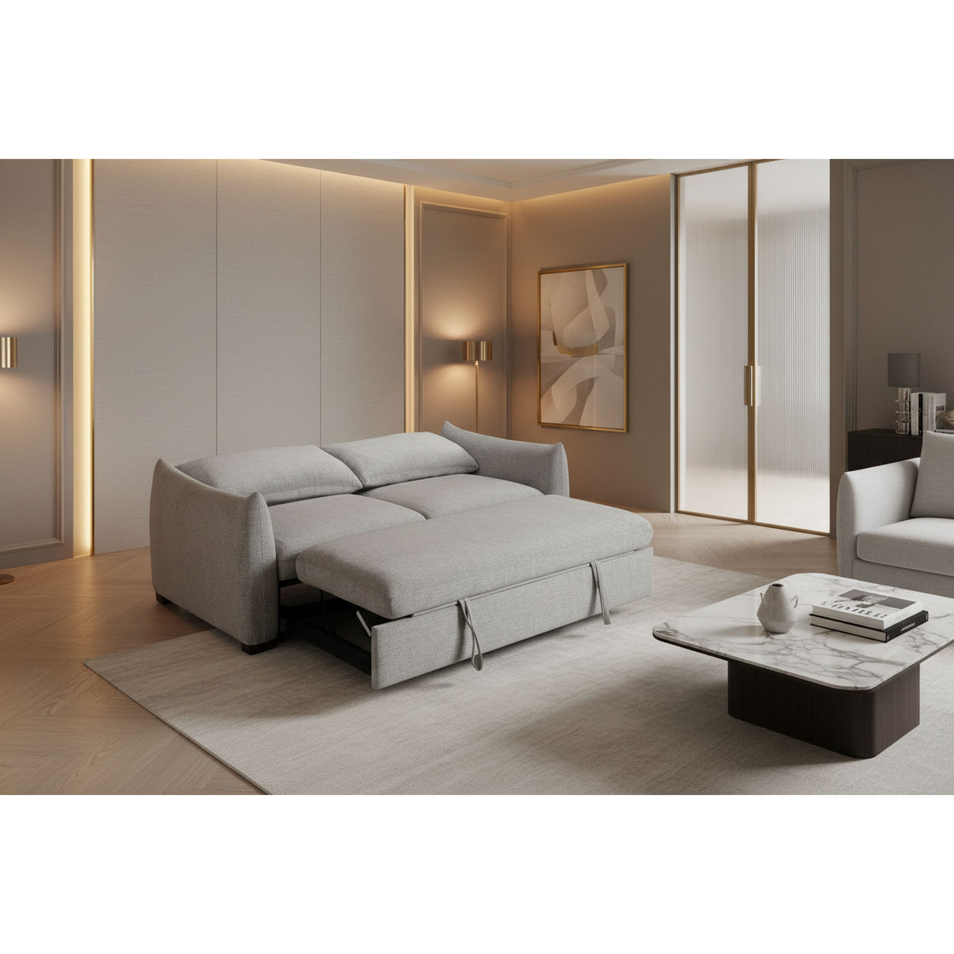 Oakli Fabric Pullout 3-Seater Sofa Bed in Grey - Chocolate Wood