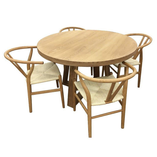 STROUD ELM VENEER TIMBER/MDF 5 PIECE DINING SET: 1  ROUND DINING TABLE 120CM  & 4 STROUD DINING CHAIRS NATURAL - MyChocolateWood