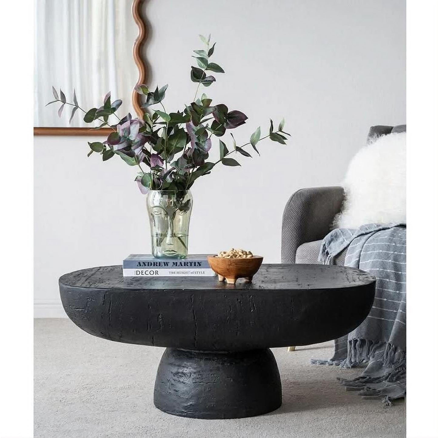 Bardot Oval Cement Coffee Table in Black - Chocolate Wood