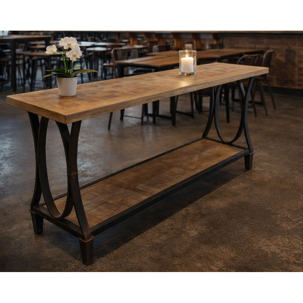 BECK RECYCLED ELM RUSTIC CONSOLE/HALL TABLE PARQUETRY TOP BLACK IRON BASE - MyChocolateWood