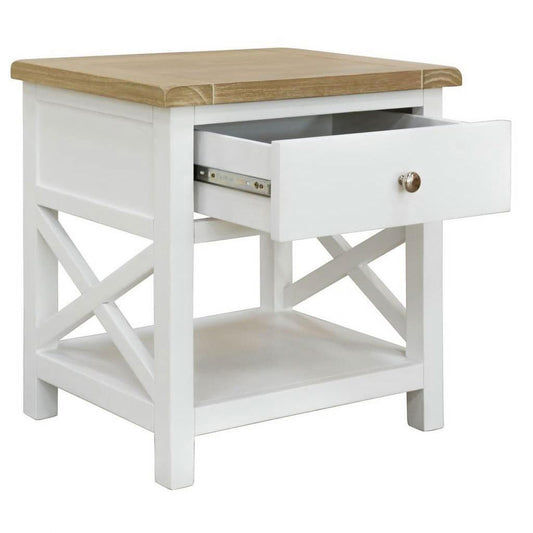 CHRISTA HAMPTON SOLID ACACIA 1 DRAWER BEDSIDE TABLE LIGHT OAK TOP WHITE BASE (Copy) (Copy) - MyChocolateWood