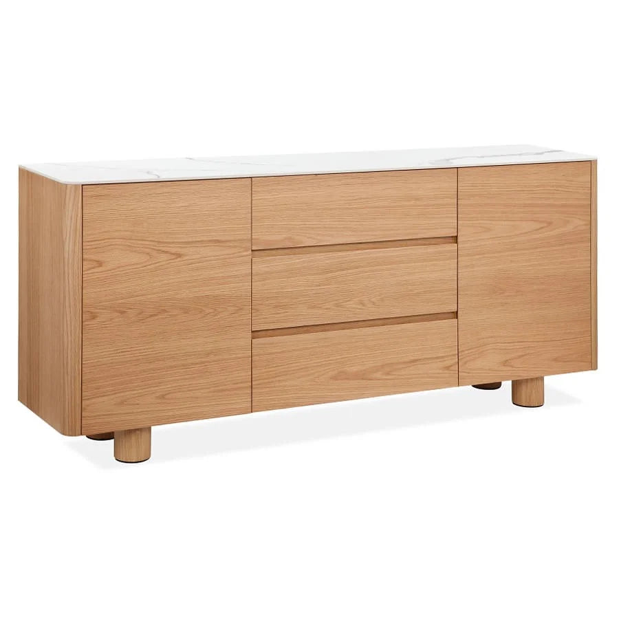 CASPIAN OAK 2-DOOR 3-DRAWER BUFFET/SIDEBOARD NATURAL/WHITE CERAMIC TOP - MyChocolateWood