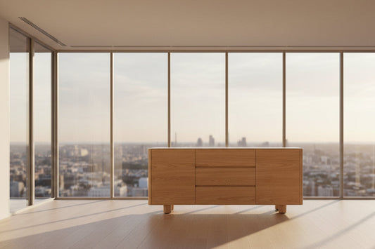 CASPIAN OAK 2-DOOR 3-DRAWER BUFFET/SIDEBOARD NATURAL/WHITE CERAMIC TOP - MyChocolateWood
