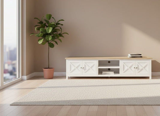 CHRISTA HAMPTON SOLID ACACIA LARGE 4-DOOR 2 NICHE TV UNIT LIGHT OAK TOP/WHITE BASE 210CM - MyChocolateWood