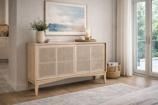 BAHAMAS BUFFET SIDEBOARD 3 DRAWERS/SLIDING RATTAN DOORS SOLID OAK NATURAL COLOUR 140CM - MyChocolateWood