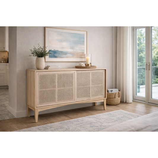 BAHAMAS BUFFET SIDEBOARD 3 DRAWERS/SLIDING RATTAN DOORS SOLID OAK NATURAL COLOUR 140CM - MyChocolateWood
