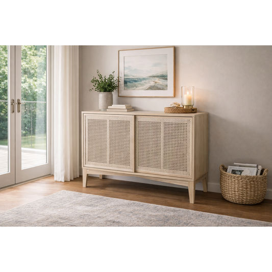 BAHAMAS CABINET SIDEBOARD SLIDING RATTAN DOORS/ SOLID OAK NATURAL COLOUR 120CM - MyChocolateWood