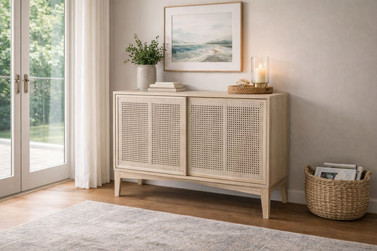 BAHAMAS CABINET SIDEBOARD SLIDING RATTAN DOORS/ SOLID OAK NATURAL COLOUR 120CM - MyChocolateWood