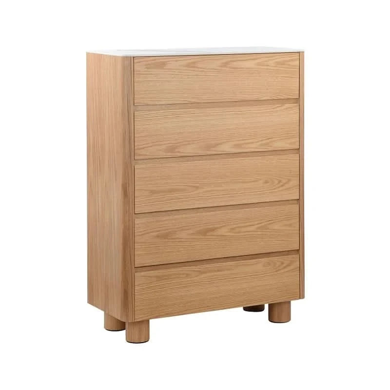CASPIAN OAK VENEER 5-DRAWER TALLBOY/CHEST OF 5 DRAWERS  NATURAL WITH WHITE CERAMIC TOP - MyChocolateWood