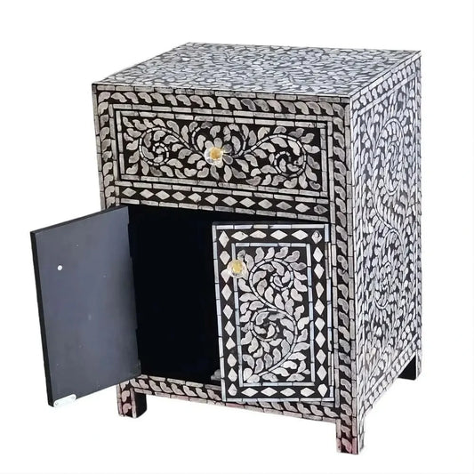 TABITHA MOTHER OF PEARL NOIR BEDSIDE TABLE 1 DRAWER/1CUPBOARD