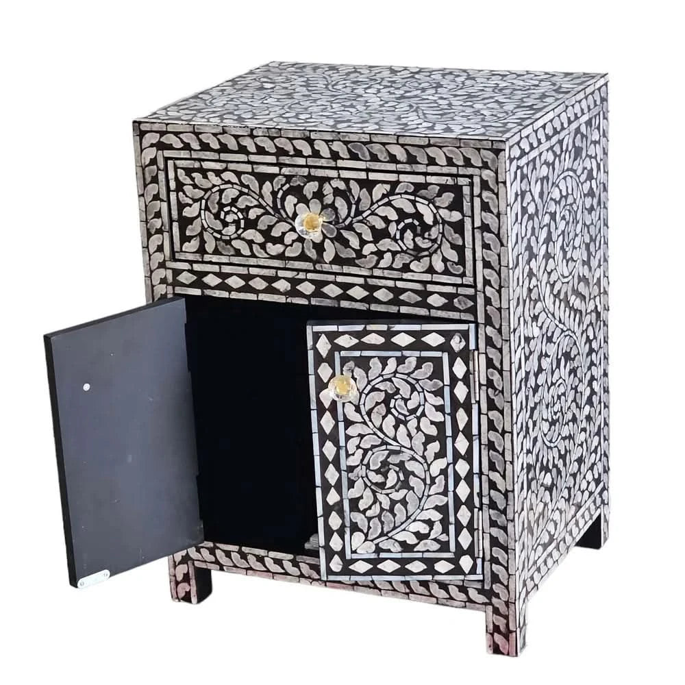 TABITHA MOTHER OF PEARL NOIR BEDSIDE TABLE 1 DRAWER/1CUPBOARD - MyChocolateWood