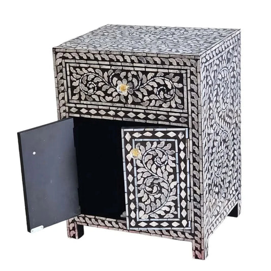 TABITHA MOTHER OF PEARL NOIR BEDSIDE TABLE 1 DRAWER/1CUPBOARD - MyChocolateWood