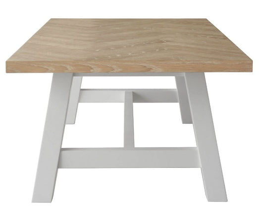MyChocolateWood Ondina Parquetry Coffee Table with whitewash oak top and white painted base, 130cm long, stylish modern design