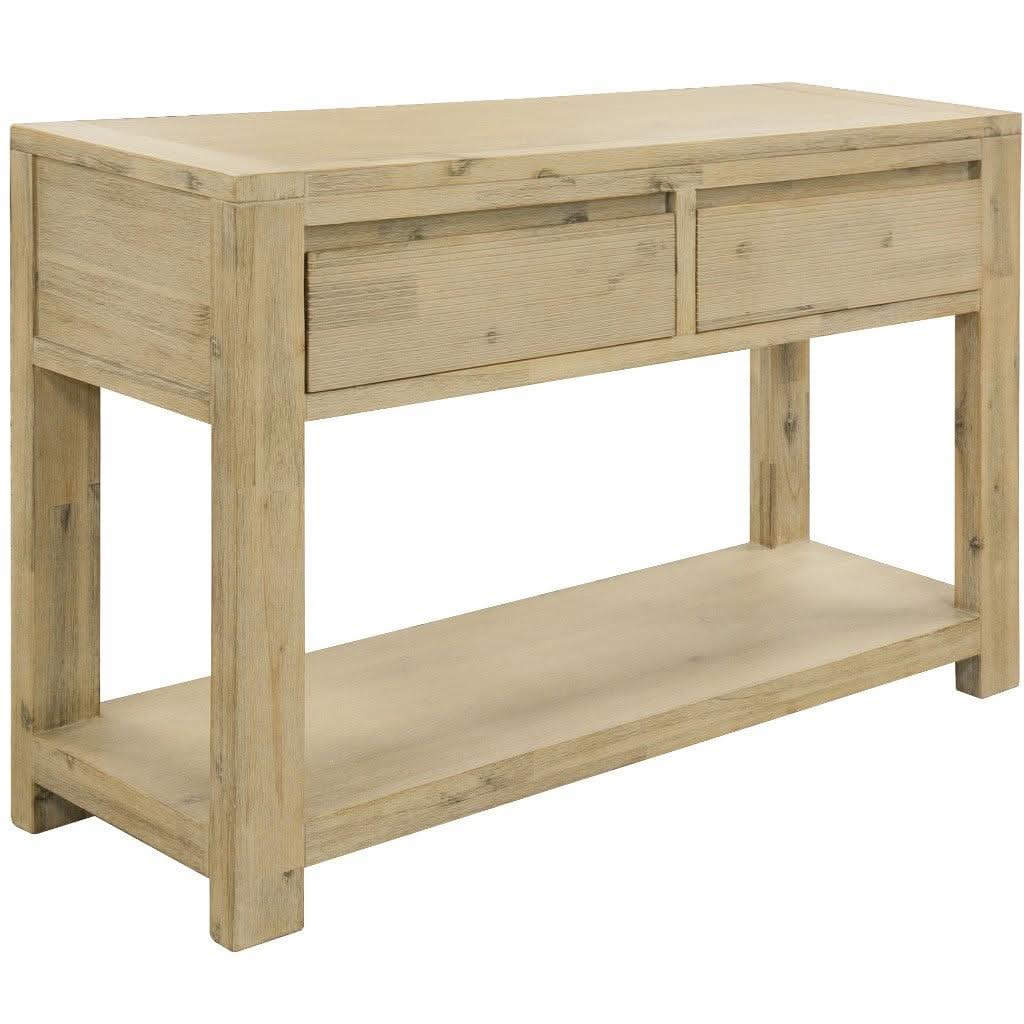MyChocolateWood Ripley solid acacia timber 2-drawer console table with a brushed smoke finish, ideal for hall or entryway.