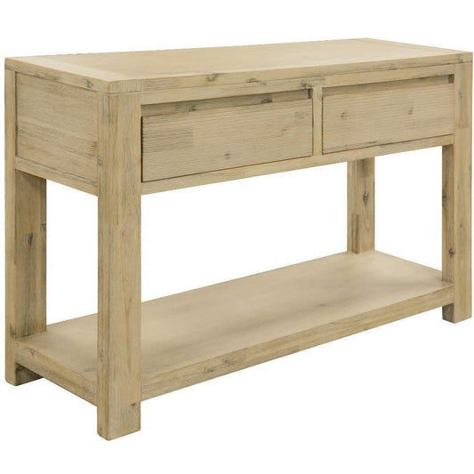 MyChocolateWood Ripley solid acacia timber 2-drawer console table with a brushed smoke finish, ideal for hall or entryway.