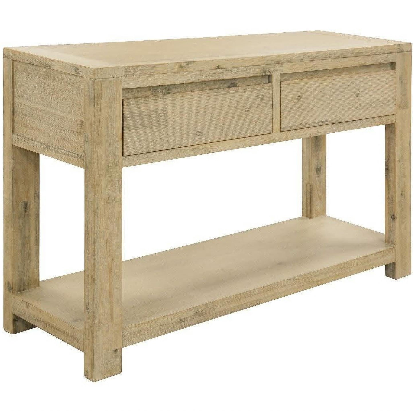Chocolate Wood Ripley solid acacia timber 2-drawer console table with a brushed smoke finish, ideal for hall or entryway.
