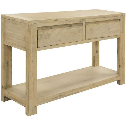 Chocolate Wood Ripley solid acacia timber 2-drawer console table with a brushed smoke finish, ideal for hall or entryway.