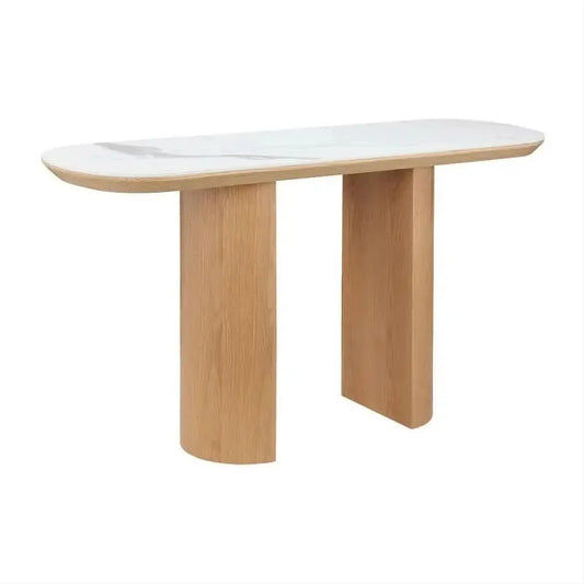 CASPIAN OAK OVAL HALL TABLE/ CONSOLE TABLE NATURALWOODEN LEGS/ WHITE CERAMIC TOP - MyChocolateWood