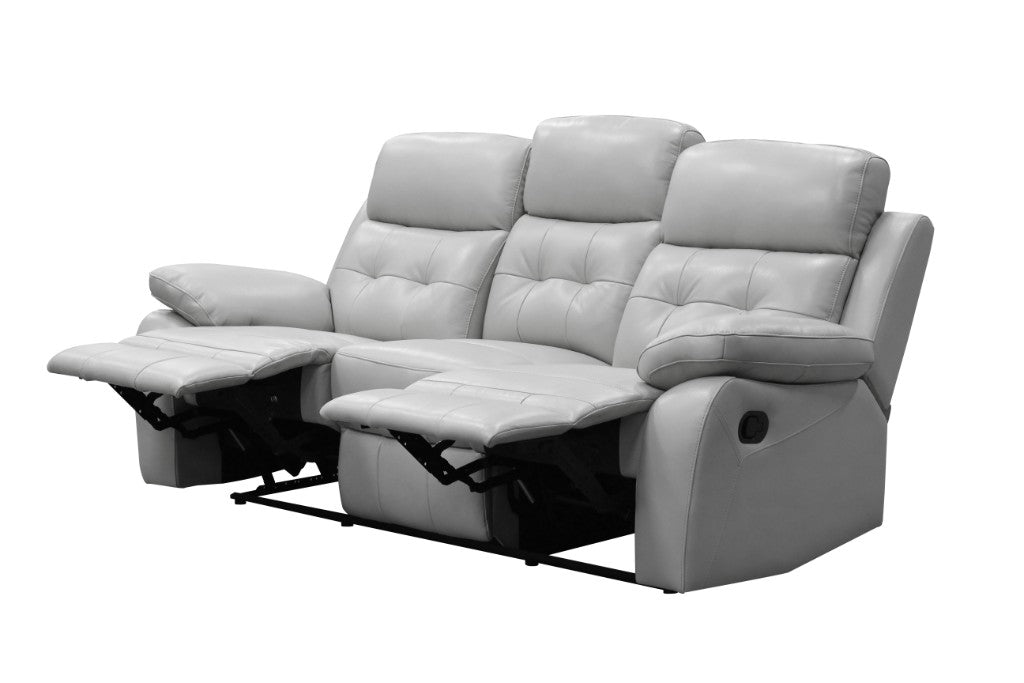 MyChocolateWood Stellar 3-piece leather recliner set includes a 3-seater and two single recliners in silver leather.