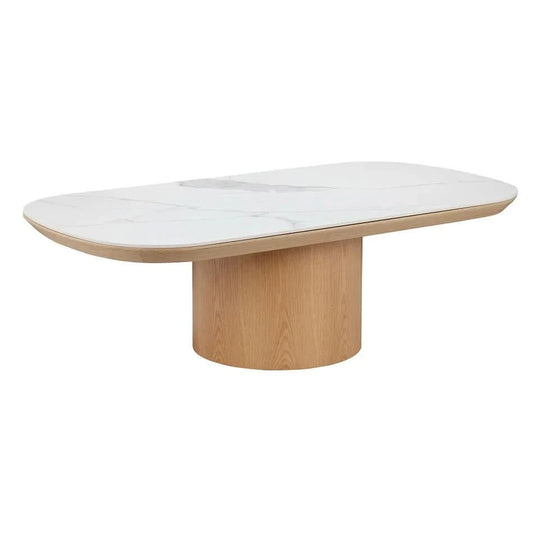 CASPIAN OAK OVAL COFFEE TABLE NATURALWOODEN BASE/ WHITE CERAMIC TOP - MyChocolateWood
