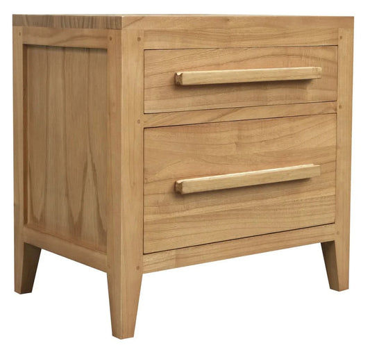Natural wood bedside table with two drawers, DION MINDI by MyChocolateWood, featuring a sleek, minimalist design.