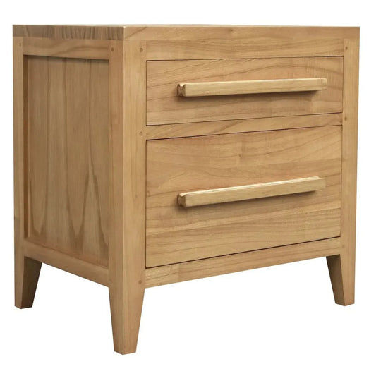 Natural wood bedside table with two drawers, DION MINDI by MyChocolateWood, featuring a sleek, minimalist design.
