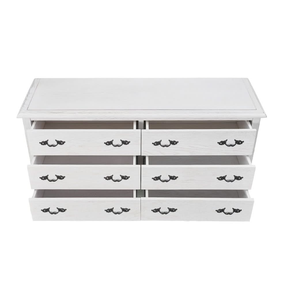 CLARENCE VINTAGE HAND CARVED OAK & VENEER 6 DRAWER DRESSER LIGHTLY DISTRESSED WHITE - MyChocolateWood