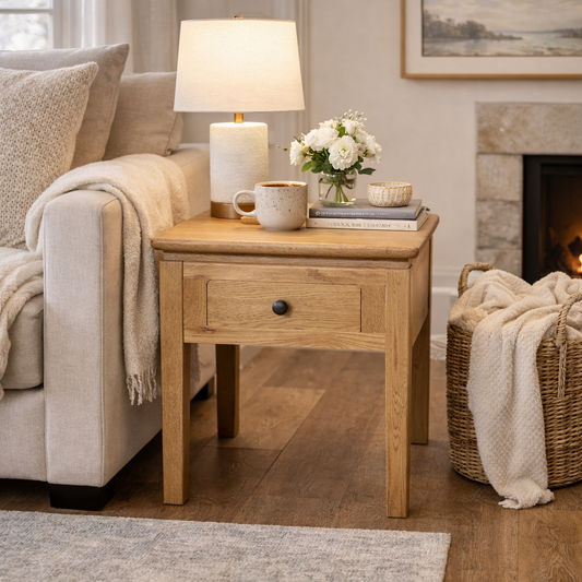 Solid oak Ella lamp table by MyChocolateWood featuring a single drawer and a natural wood finish.