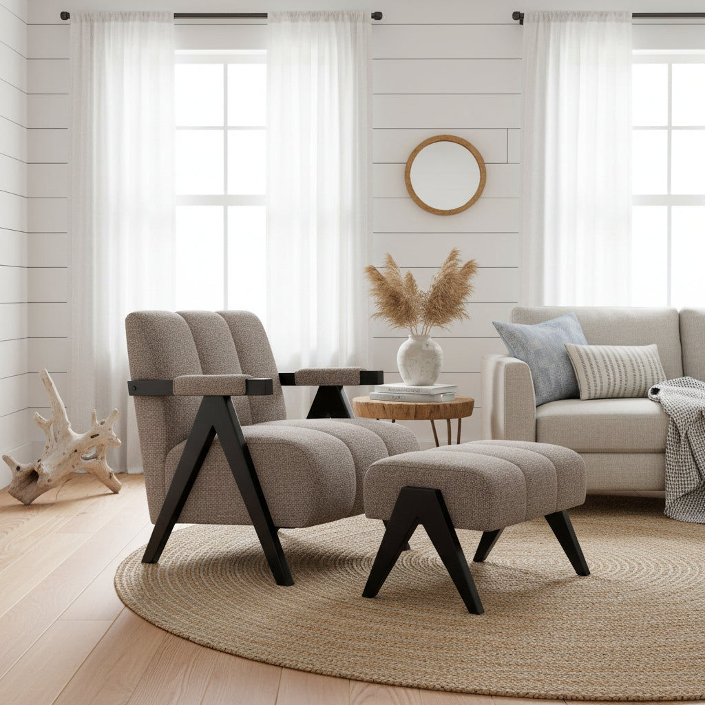 Pellerin Fabric Armchair & Matching Stool in Fawn - Chocolate Wood