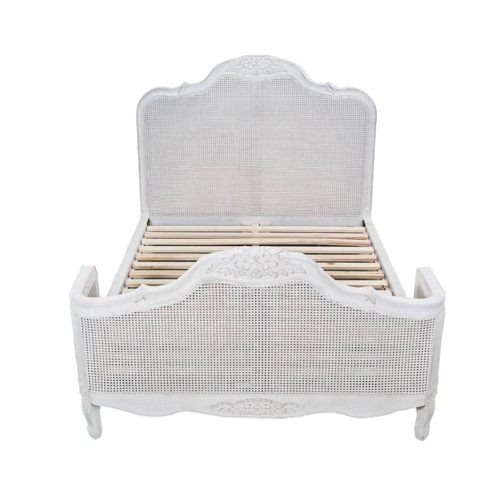 CLARENCE VINTAGE HAND CARVED OAK KING BED LIGHTLY DISTRESSED WHITE - MyChocolateWood