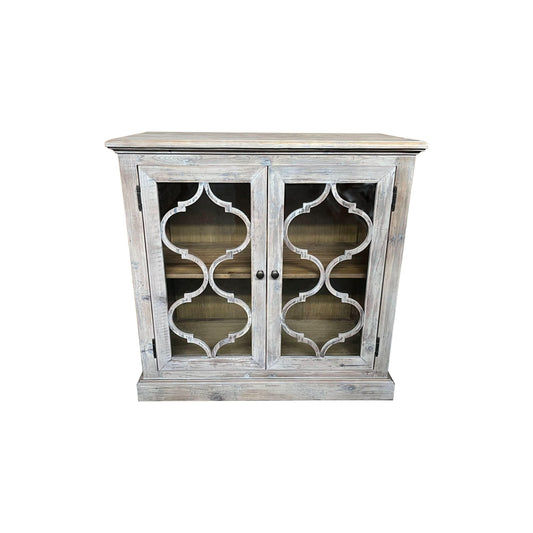 REINA GREYWASHED RECYCLED TIMBER/GLASS PANELS 2-DOOR CABINET CUPBOARD - MyChocolateWood