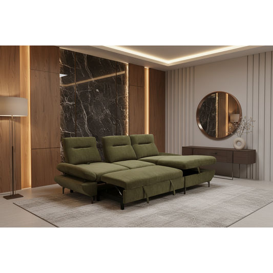 LIBBI FABRIC 2-SEATER SOFA BED WITH RHF STORAGE CHAISE GREEN - MyChocolateWood