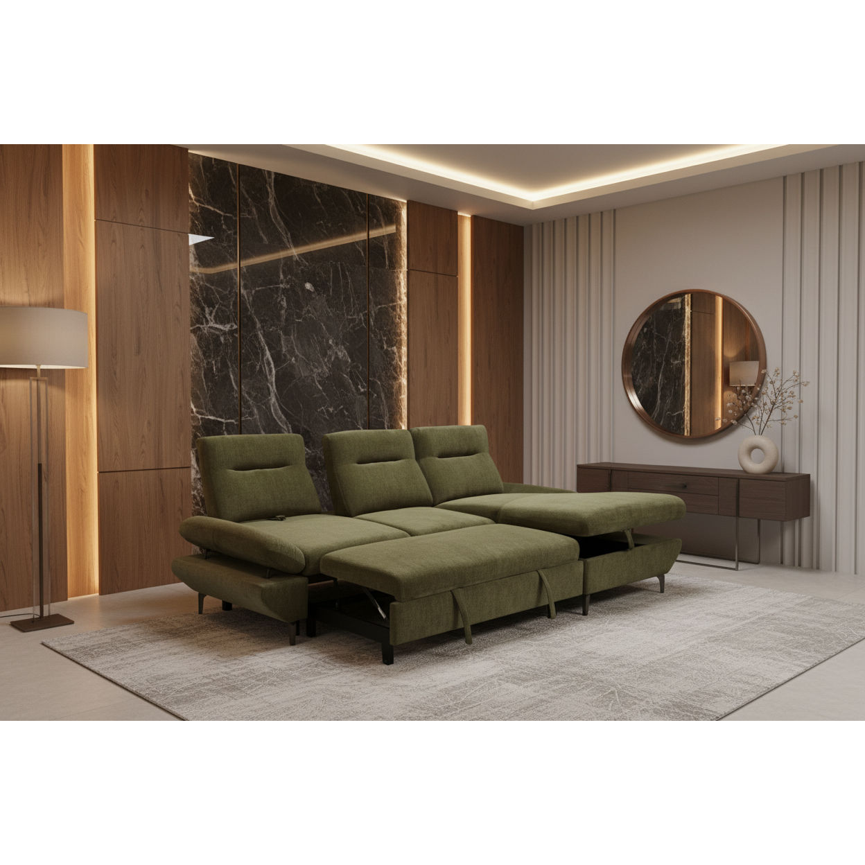 LIBBI FABRIC 2-SEATER SOFA BED WITH RHF STORAGE CHAISE GREEN - MyChocolateWood
