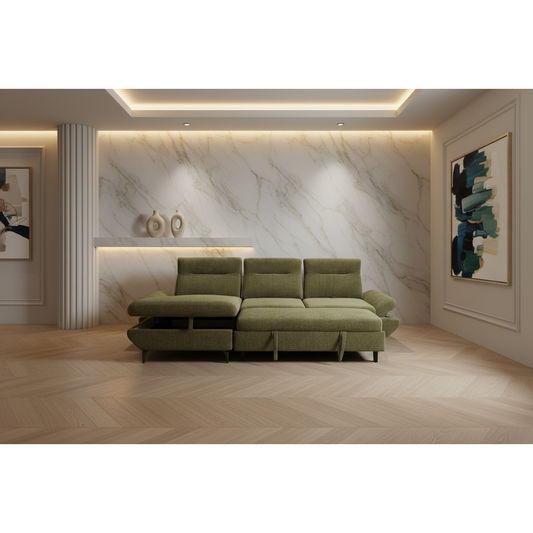 LIBBI FABRIC 2-SEATER SOFA BED WITH LHF STORAGE CHAISE GREEN - MyChocolateWood