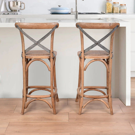 MALMO CROSS BACK OAK BAR STOOL WITH GREY METAL STRAPS - MyChocolateWood