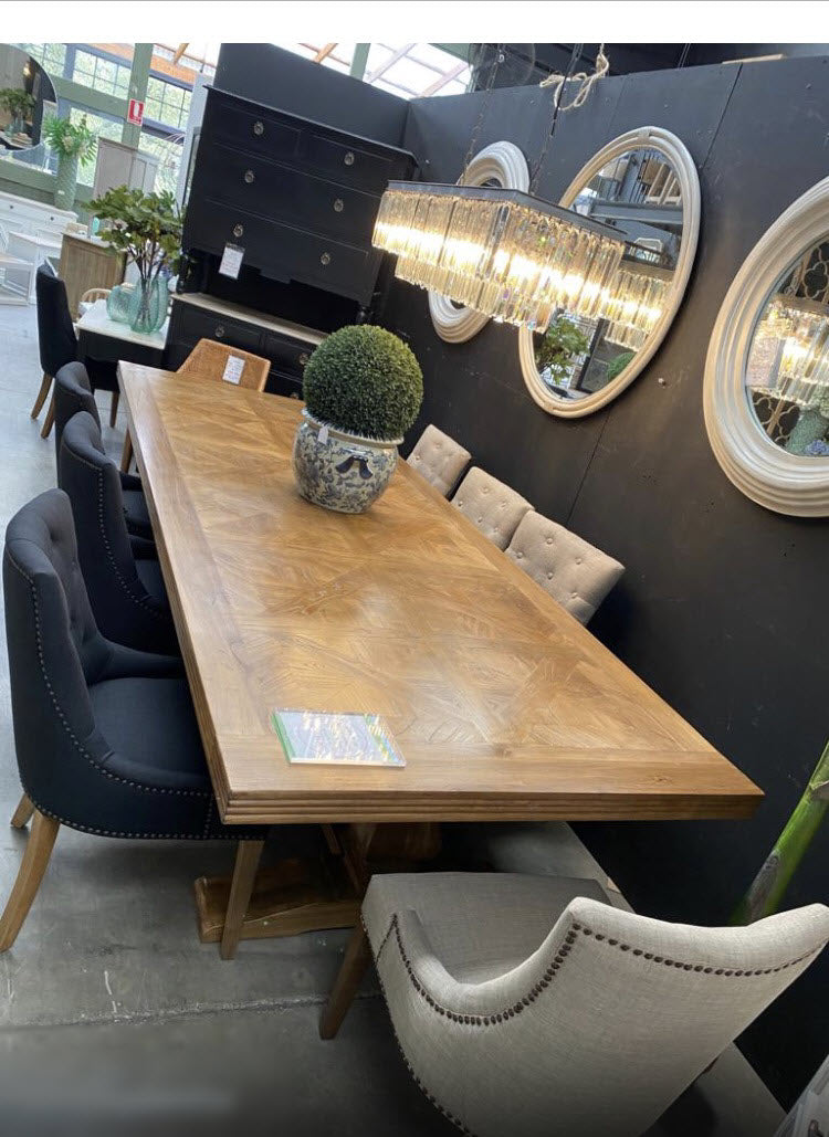 THE ROYAL KENSIT RECYCLED ELM DINING TABLE PARQUETRY TOP 320CM - MyChocolateWood