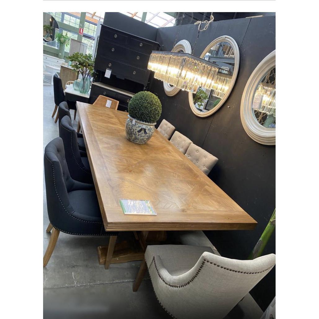 Kensit Hamptons Recycled Elm Parquetry Dining Table, 320cm in Natural - Chocolate Wood