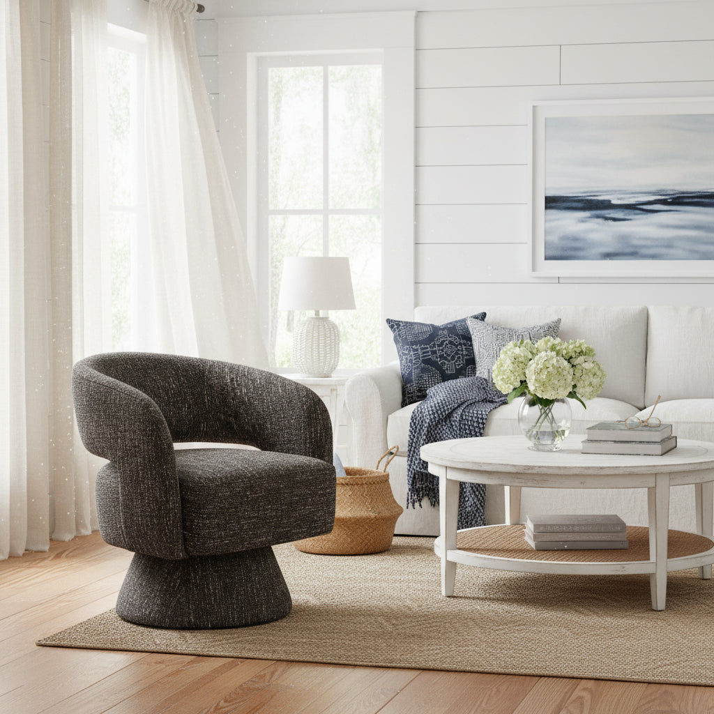 LESTER FABRIC ACCENT ARMCHAIR 360 DEGREE SWIVEL CHOCOLATE - MyChocolateWood