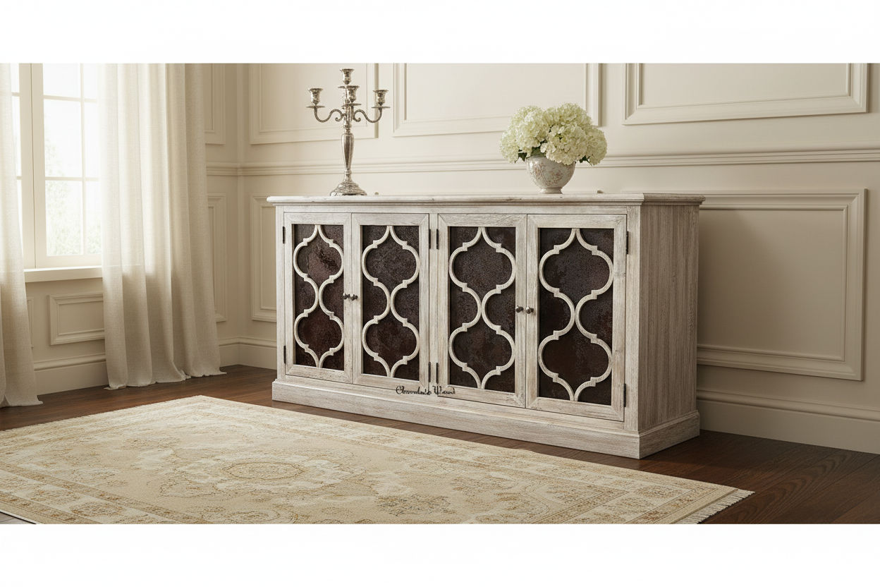REINA GREYWASHED RECYCLED TIMBER/HERITAGE METAL 4-DOOR BUFFET/SIDEBOARD - MyChocolateWood
