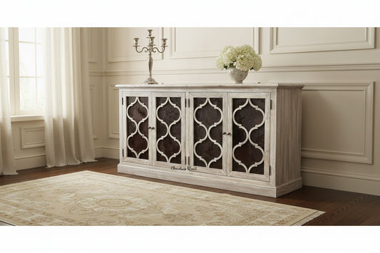 REINA GREYWASHED RECYCLED TIMBER/HERITAGE METAL 4-DOOR BUFFET/SIDEBOARD - MyChocolateWood