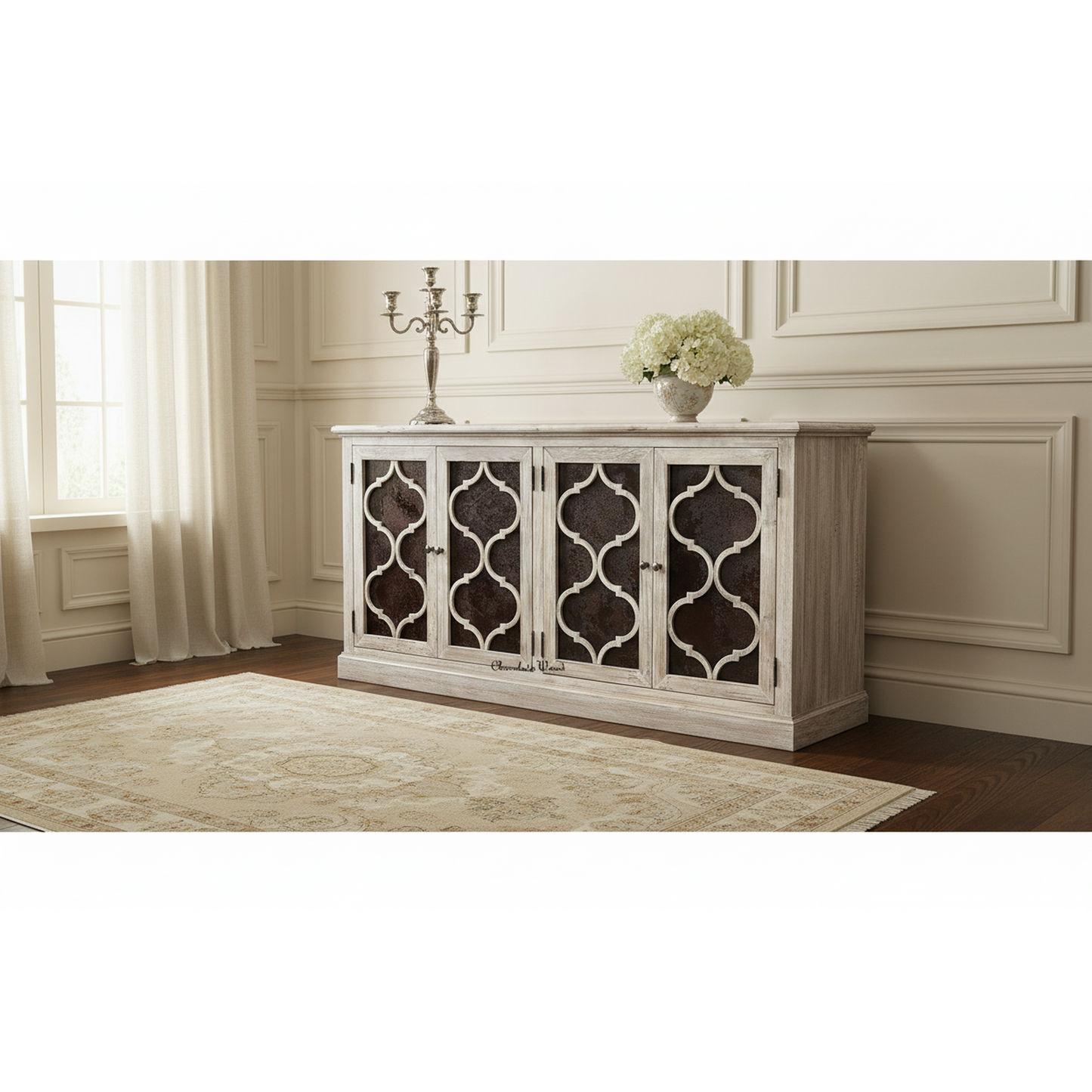 Reina Greywashed Recycled Timber 4-Door Buffet with Heritage Metal Panels - Chocolate Wood