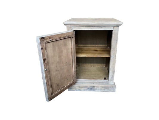 REINA GREYWASHED RECYCLED TIMBER/HERITAGE METAL 1-DOOR BEDSIDE TABLE/CABINET - MyChocolateWood