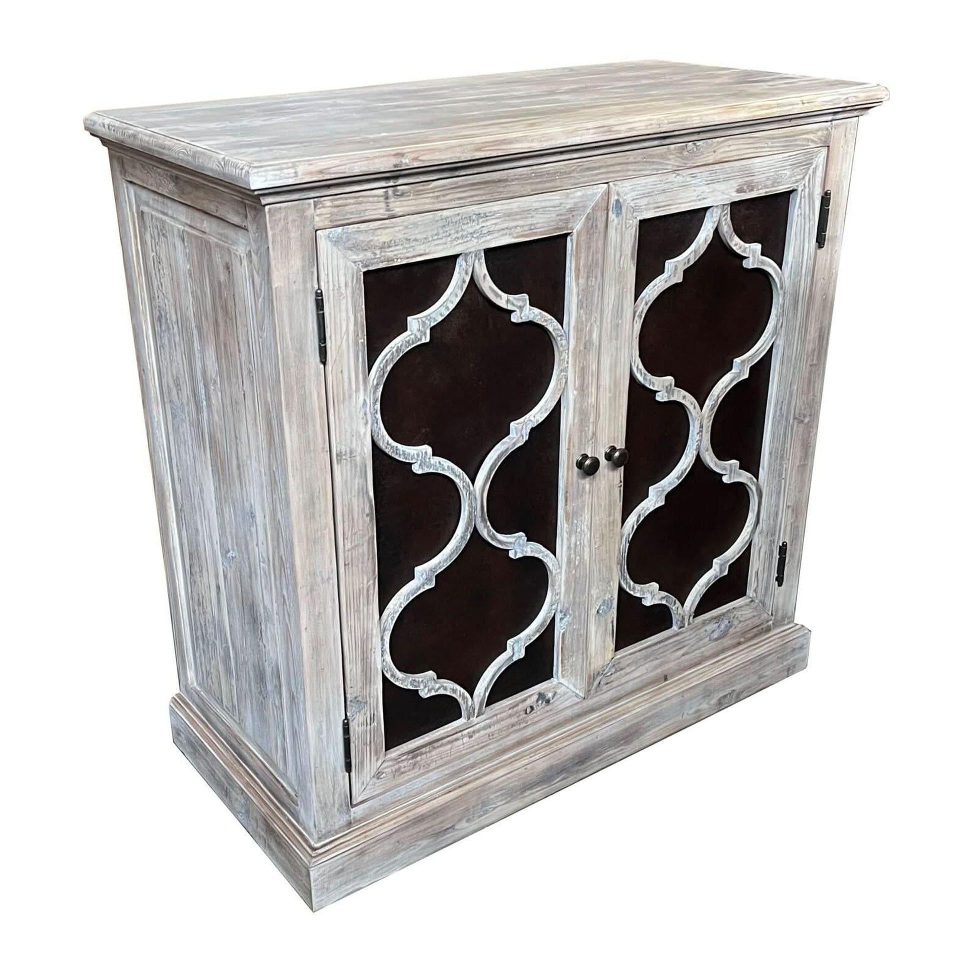 Reina Greywashed Recycled Timber 2-Door Cabinet with Heritage Metal Panels - Chocolate Wood
