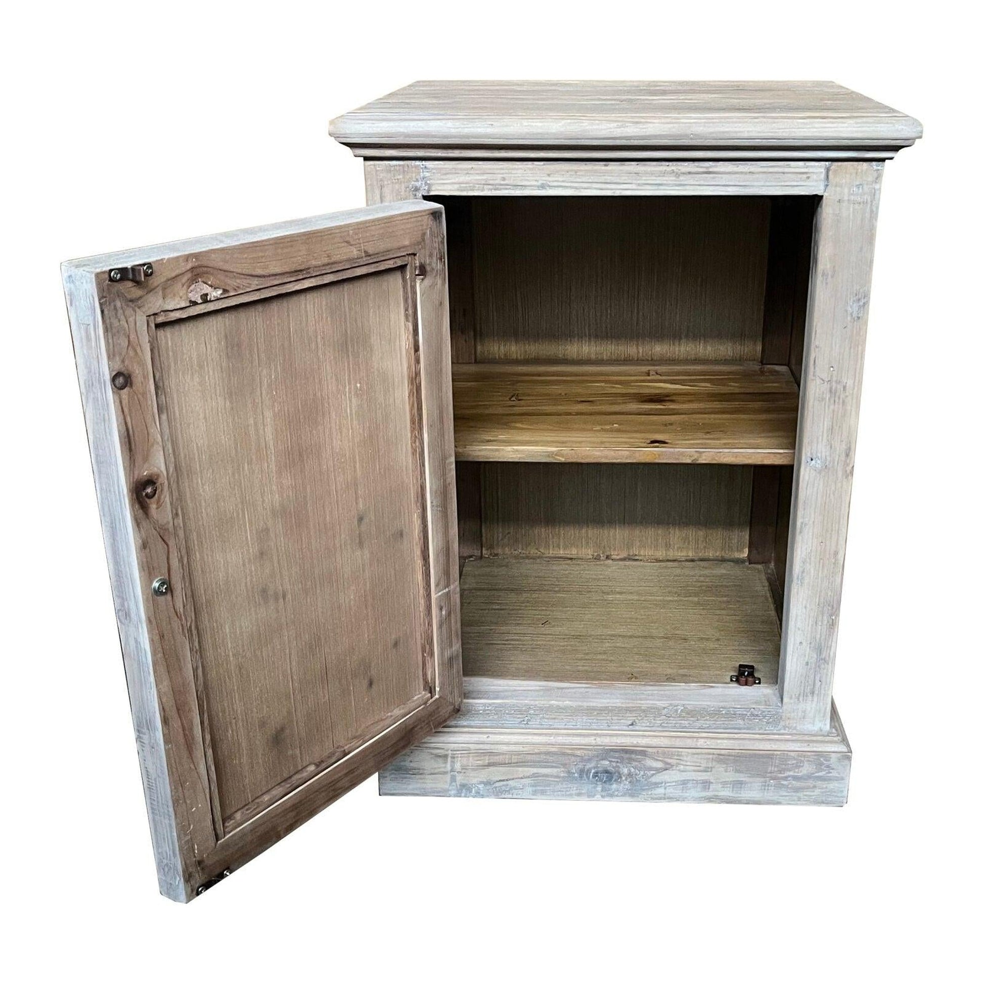 Reina Greywashed Recycled Timber 1-Door Bedside Table with Heritage Metal Panel - Chocolate Wood